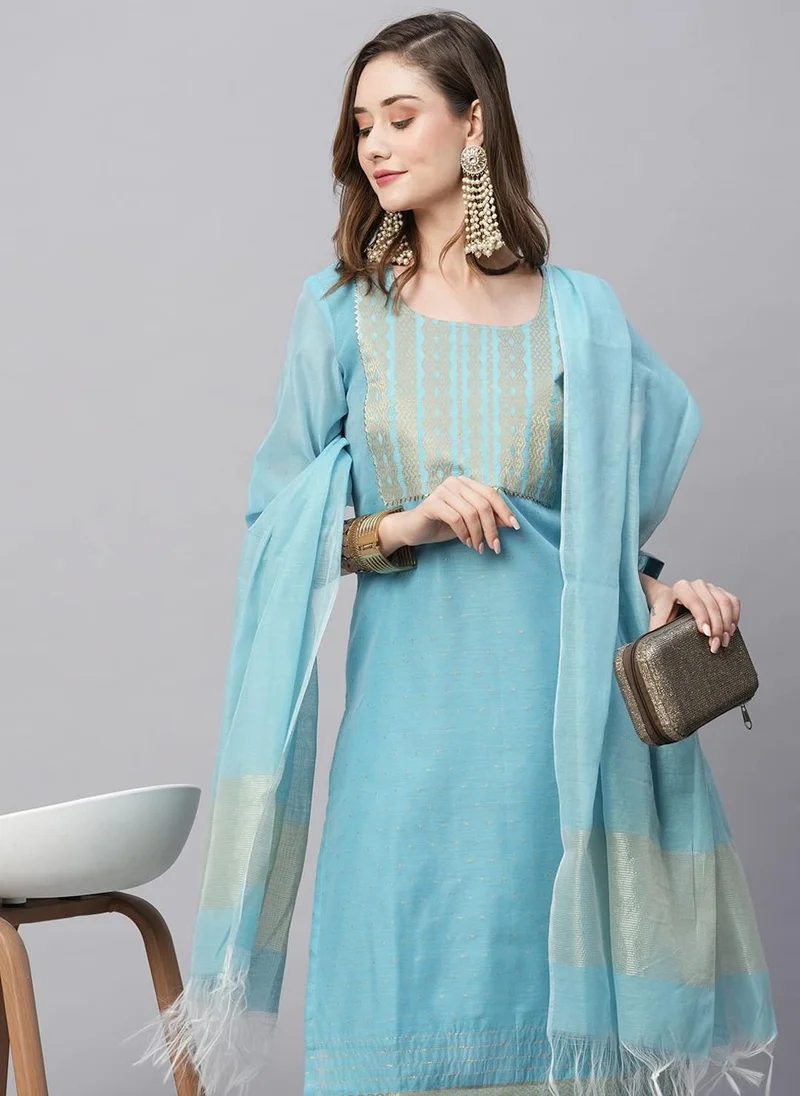 GoSriKi  GoSriKi Women's Organza Straight Solid Kurta with Pant & Dupatta (LAHAR-FIROZI-GS_S_Sky Blue_Small) for Women | Best Price UAE